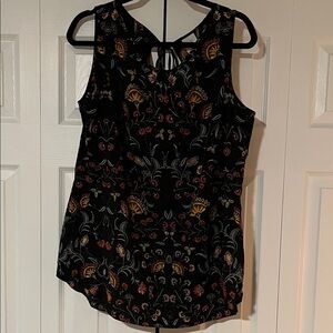 CAbi Black Sleeveless Top with Floral Design